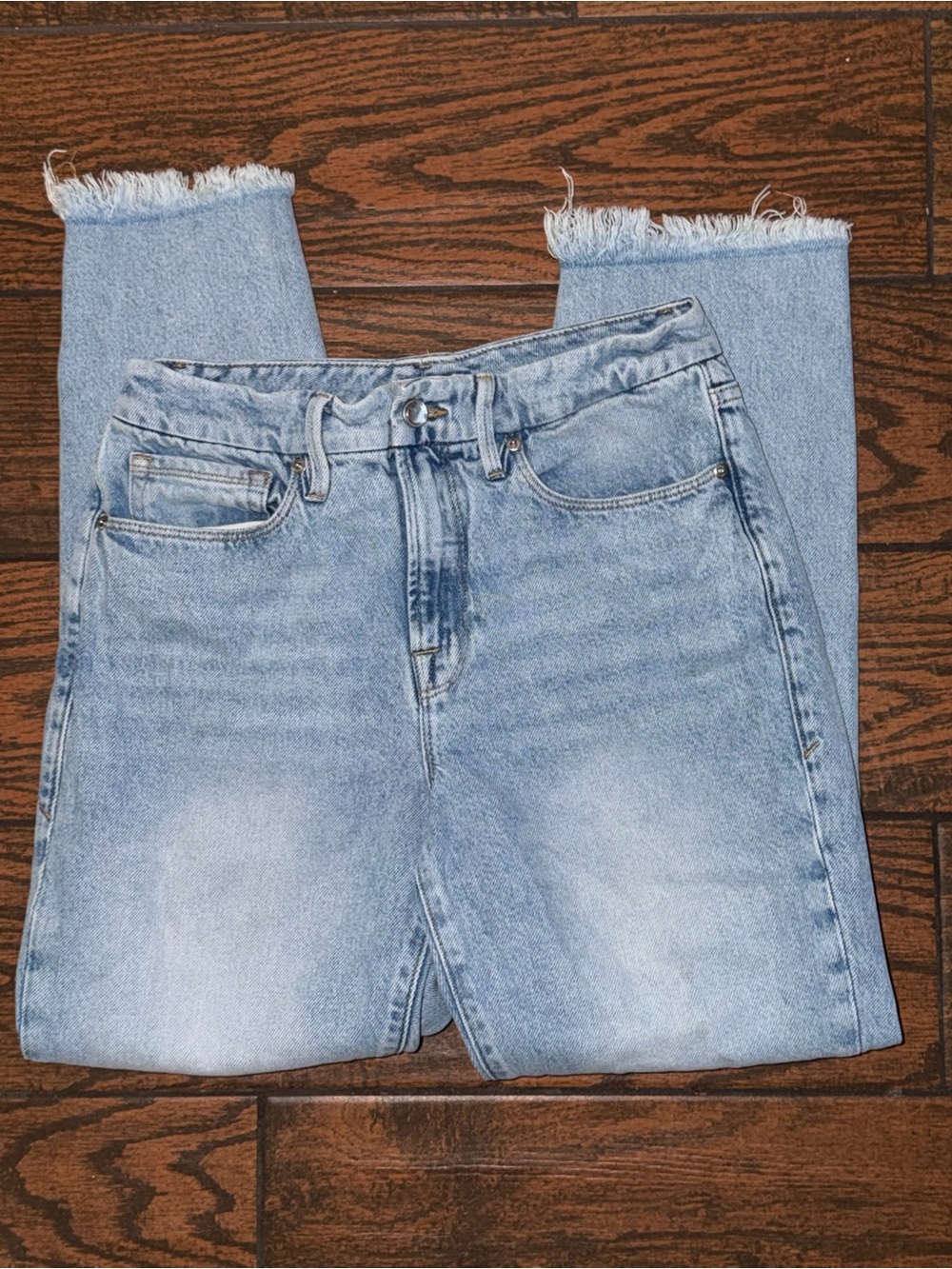 Good American Light Blue High-Rise Cropped Jeans with Frayed Hem